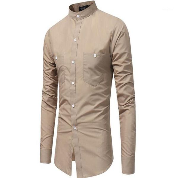 

men's spring and autumn new long-sleeve shirt with standing collar men's pure color slim slim pocket pocket decoration shirt1, White;black