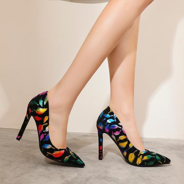 

women high heels pumps shoes with flower print pointed toe stiletto heels basic party shoes for women large sizes 17 48, Black