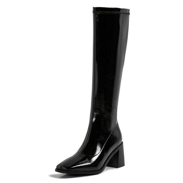 

2020 slim long shoes woman high heels genuine leather band shoes woman wedding thick heels knee high boots, Black