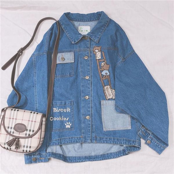 

new autumn harajuku casual cartoon bear embroidery coat loose women jean jacket female long sleeve bat sleeve denim jacket, Black;brown