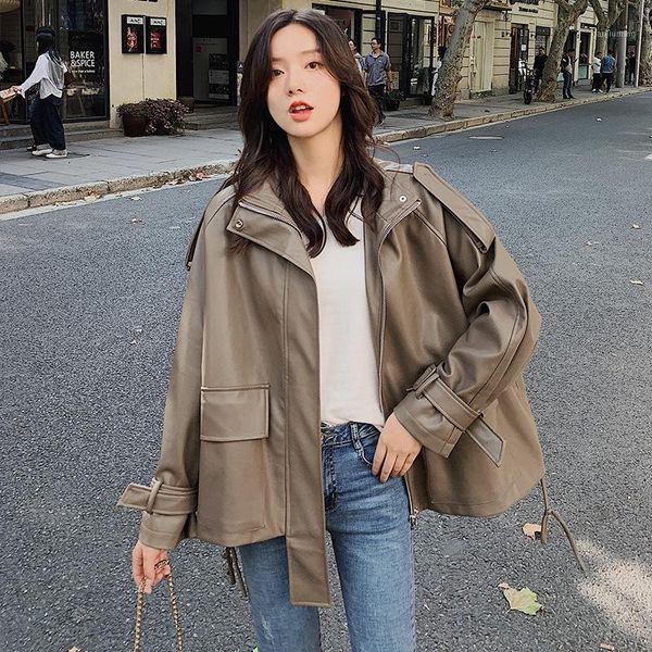 

2021 new winter casual faux leather jackets ladies motorbike single breasted coat women brown outerwear female y4461, Black