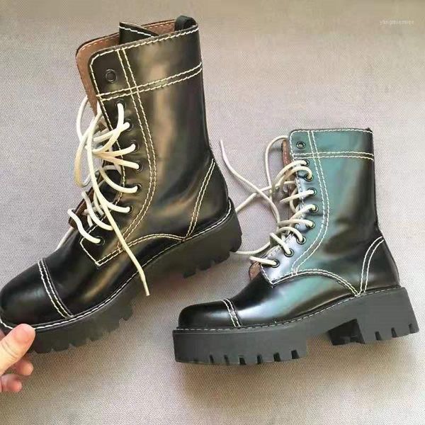 

platform women boots leather botas mujer lace up motorcycle boots runway biker winter booties ladies shoes woman1, Black