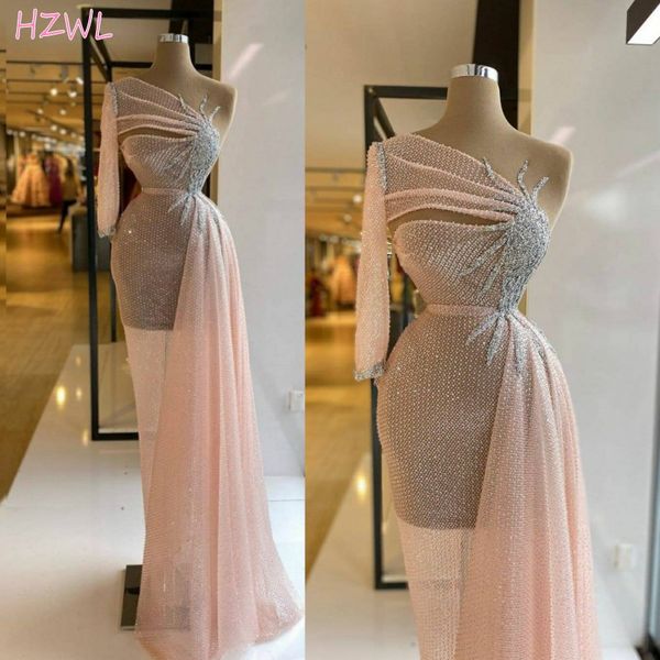 

pink one shoulder see through prom dresses beaded long sleeves sheath evening gowns floor length formal party dress, Black