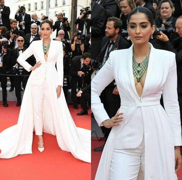 

arabic dubai gorgeous evening jumpsuit with detachable train deep v neck prom dress long sleeve sweep train long formal dress evening gowns, Black;red