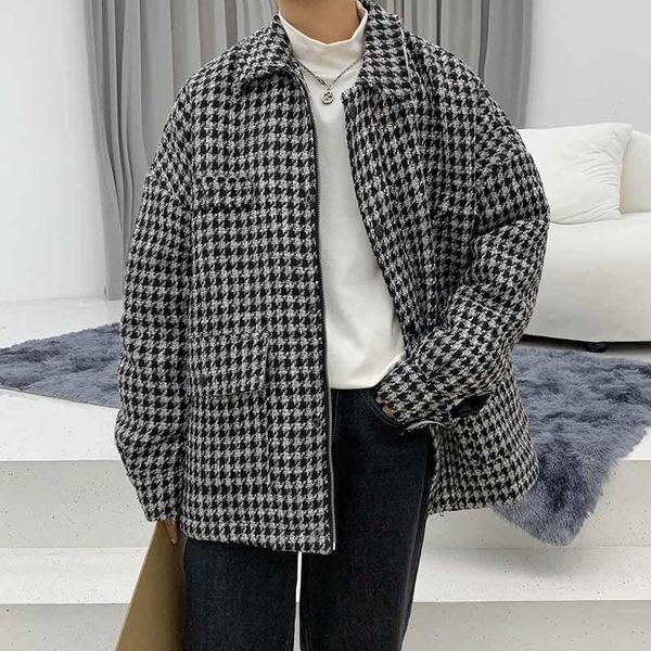 

2020 winter men's in warm parkas youth snow jackets fashion plaid loose trench coat zipper casual cotton-padded clothes m-2xl, Black