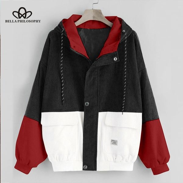 

bella philosophy long sleeve corduroy women jacket spring women jacket plus size women zipper female coat color block patchwork y200101, Black;brown