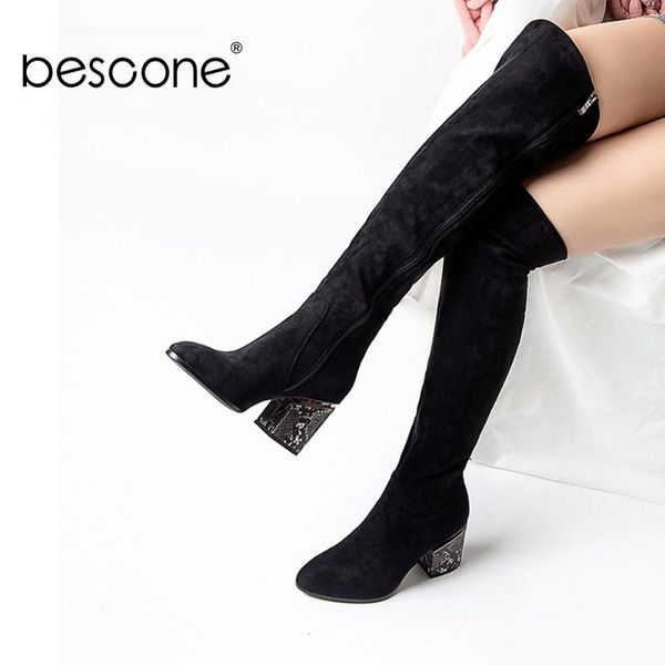 

bescone winter women mid-calf boots black warm handmade zipper snake pattern square heel shoes new pointed toe lady boots by119