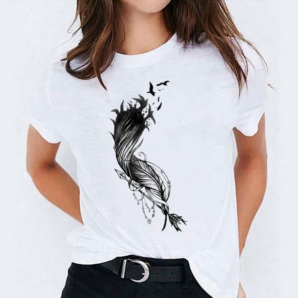 

t shirts for women printing feather bird trend cute 90s casual print lady womens graphic t shirt ladies female tee shirt, White