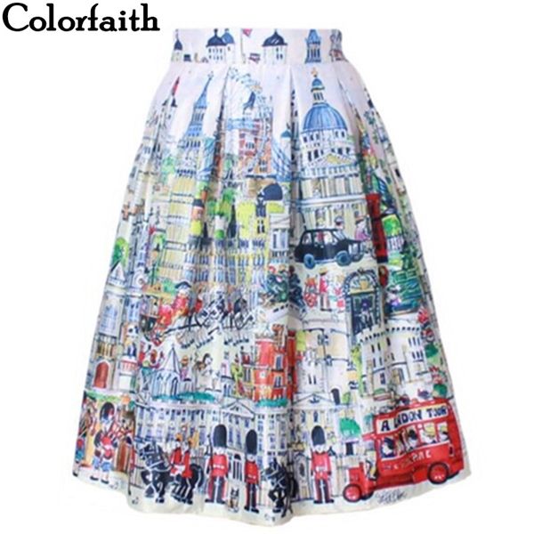 

retro vintage ladies fashion village scenery print high waist flared pleated midi skirt holiday wear saia femininas sk8107 1014, Black