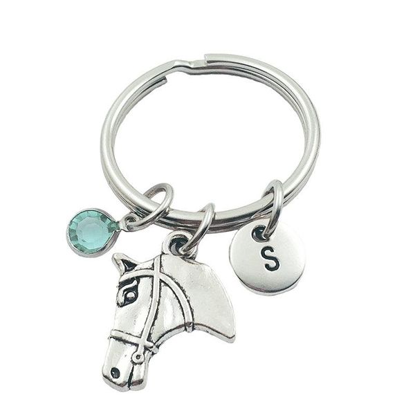 

keychains horse head initial letter birthstone keyring creative fashion jewelry women gifts accessories pendant, Silver