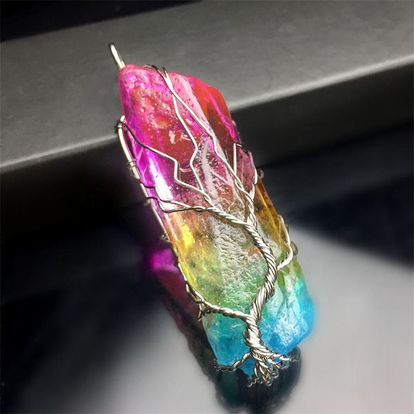 

natural crystal stone pendant seven colourful primordial stones pendants hand wound life tree jewelry parts for valentine day