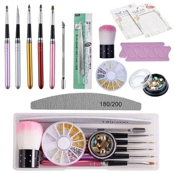 

nail art kits uv gel brush set metallic handle brushes nails design tools kit with rhinestones for diy salon