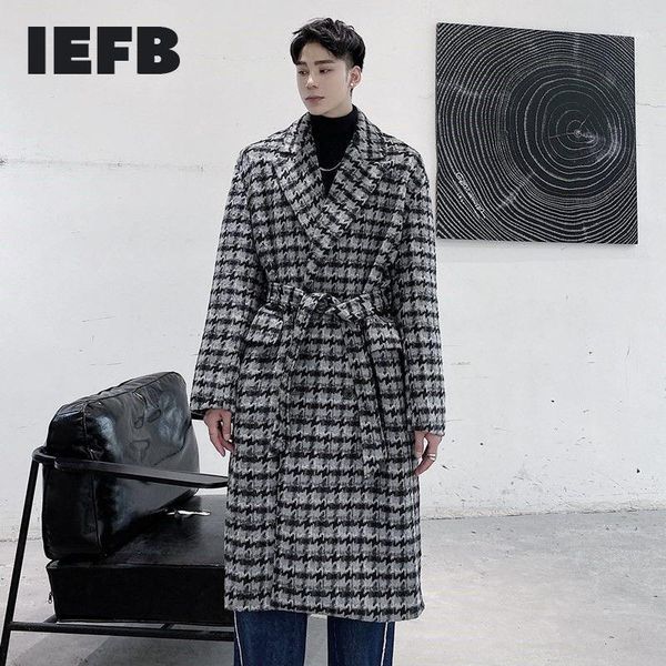 

iefb oversized clothes men's black white paid pattern woolen overcoat belt warm autumn winter coat lapel japan streetwear 9y44051