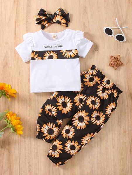 

baby letter & floral print ruffle trim tee & sweatpants with headband she, Blue