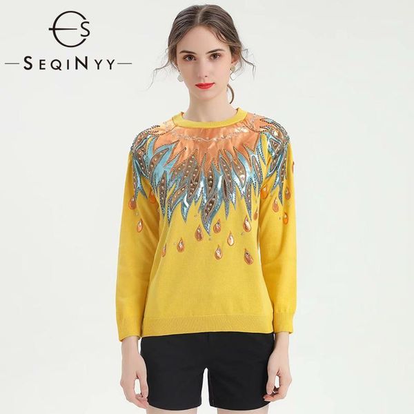 

seqinyy yellow sweater 2020 new fashion design women appliques beading crystal luxury knitting pullover loose1, White;black