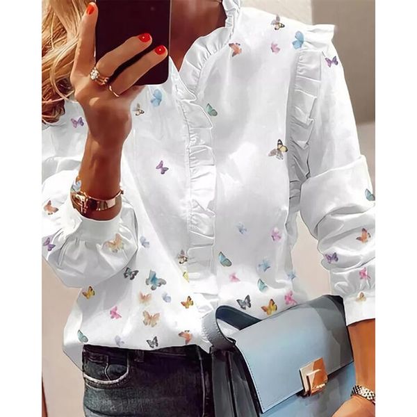 Женские блузки Рубашки Женщины Элегантная Мода Бабочка Печать Топ Руки Отделка Отделка Повседневная Блузка с длинным рукавом