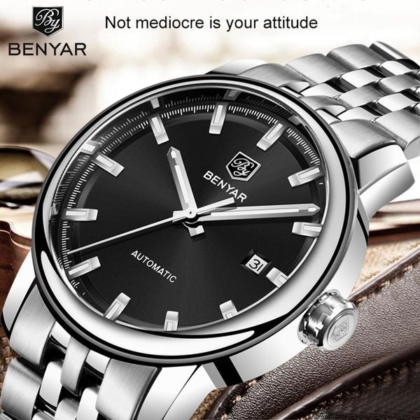 

wristwatches automatic machinery watch mens 2021 benyar watches waterproof stainless steel clock relogio masculino, Slivery;brown