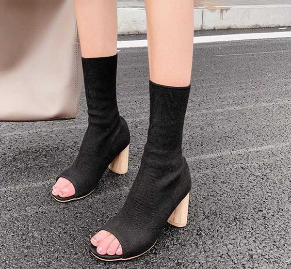 

boots spring autum design women ankle peep toe knitted stretch fabric socks high heels woman shoes1, Black