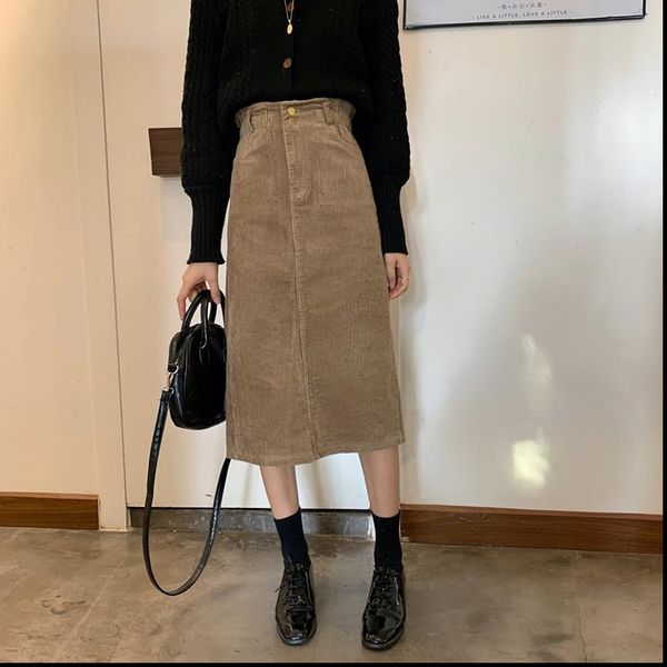 

skirt womens 2020 autumn winter corduroy split skirts elegant korean style pocket high waist long skirt femme gd398, Black
