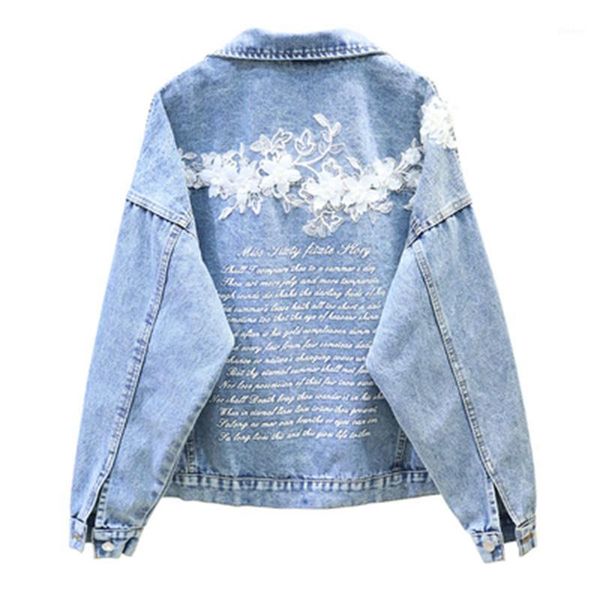 

2020 spring autumn womens punk style jeans jackets fashion the new loose heavy work embroidery flower denim jacket, Black;brown