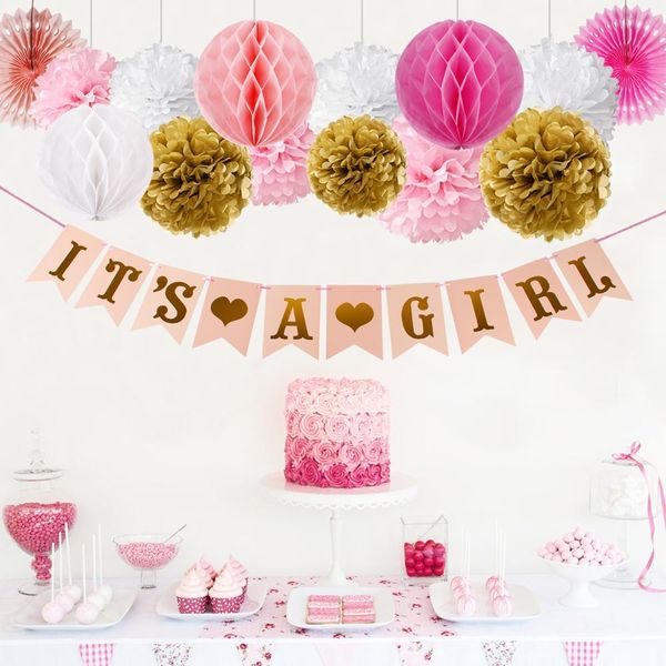 

fengrise it's a girl birthday paty decoration baby shower for girl pink paper flower ball decor babyshower party supplies bbyhdc