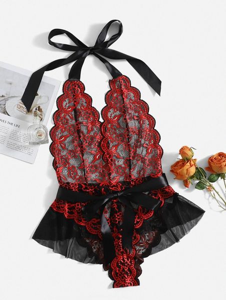 

plus floral lace scallop trim teddy bodysuit 21rd#, Black;white