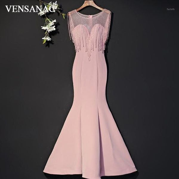 

vensanac 2018 sheer o neck luxury crystals tassels mermaid long evening dresses vintage tank satin party prom gowns1, White;black