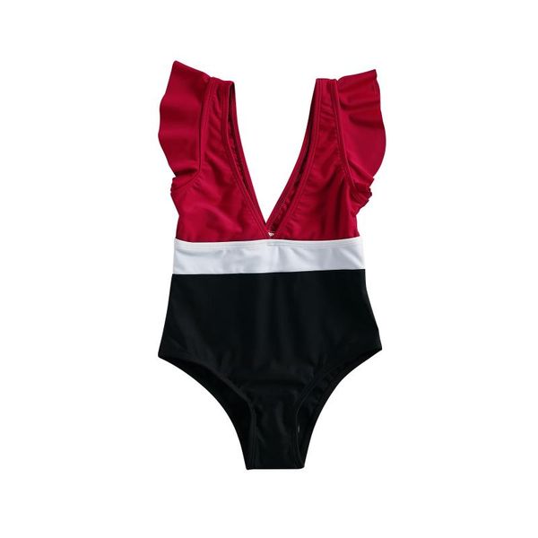 

clothing sets girl's swim jumpsuit flying short sleeve deep v neck and pants patchwork one piece swimsuit, White
