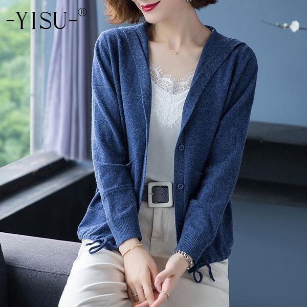 

yisu fashion hooded cardigan women long sleeve sweater coat female pure color cardigans casual knit outwear cardigans sweater, White