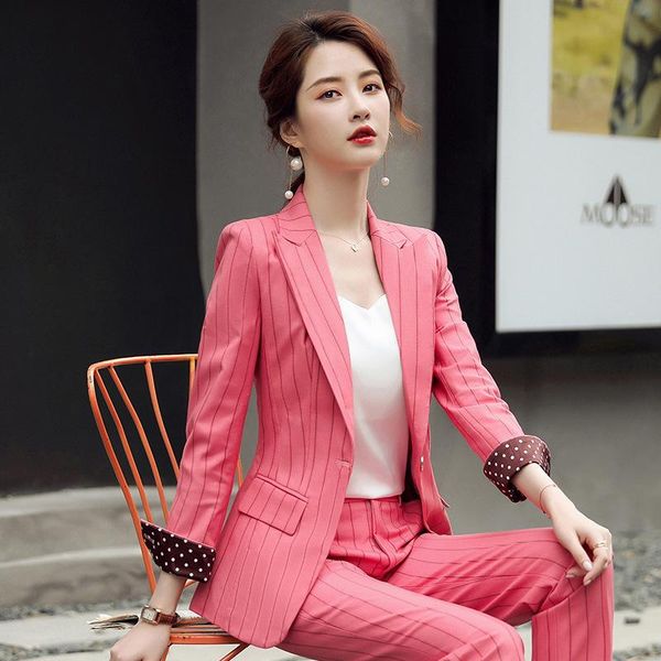

2021 spring and autumn professional wear suit pants 2-piece set temperament striped ladies jacket slim trousers, White