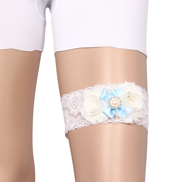 

1 pcs elegant white lace bridal garter blue pearl bowknot decoration floral garter belt lady beautiful garter, Black;white