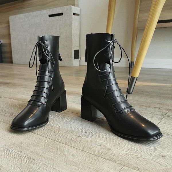 

dropshipping fashion women square high heels ankle boots woman black beige short botas mujer pu leather zipper lace up shoes