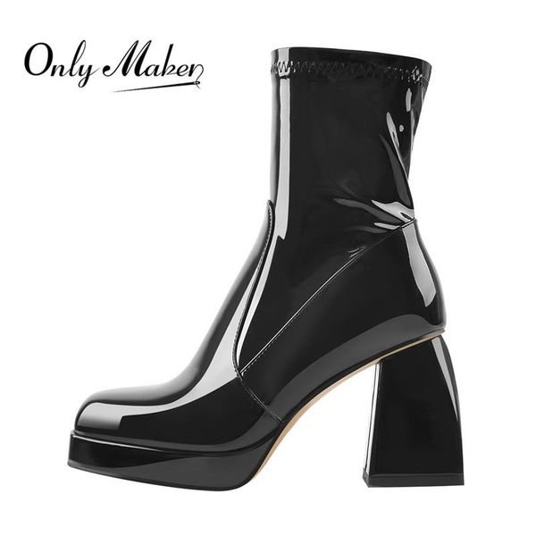 

onlymaker women's square toe black patent leather side zip ankle booties lady platform boots plus size us5~us15