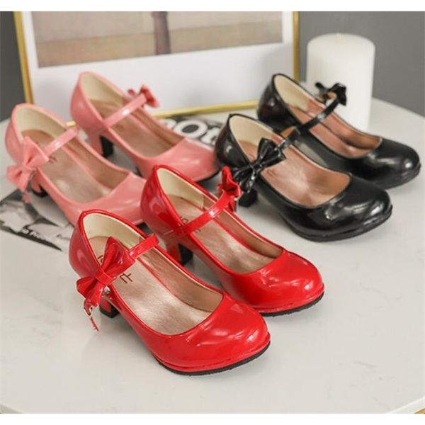 

2020 new princess leather dance girls party bow shiny solid red color high-heeled fashion shoes for kids c1002, Black;grey
