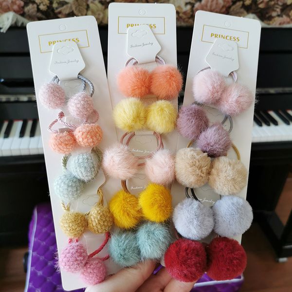 

5 pairs girl's pompom ball bands colorful bow ponytail holder pom fruit elastic hair ties accessories for kids