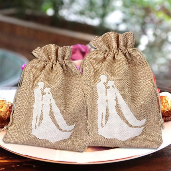 

12 pcs formal dress style candy linen bag trendy natural linen drawstring wedding favor bags