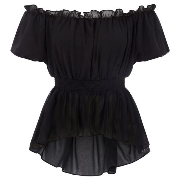 

womens smocked waist blouse gothic party vintage renaissance victorian short sleeve off shoulder high-low shirt chiffon, White