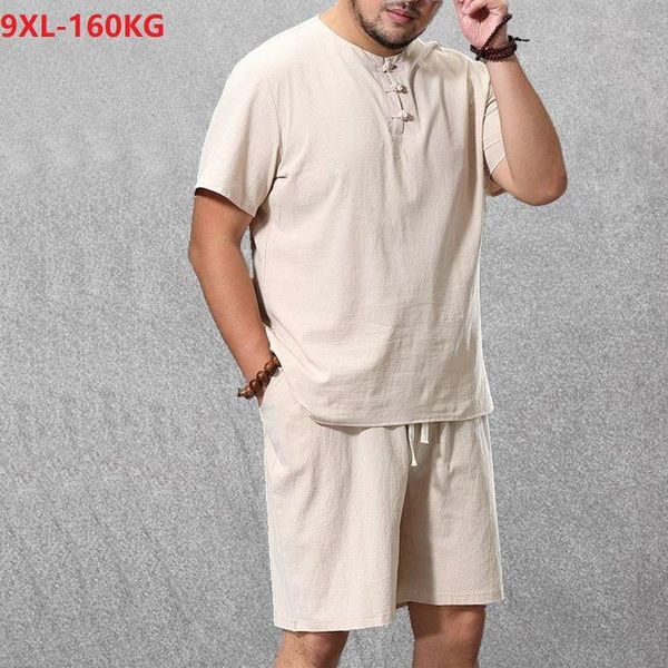 

summer men set cotton linen vintage tshirt and shorts japan style large size 8xl 10xl 12xl oversized casual home set tees loose1, Gray