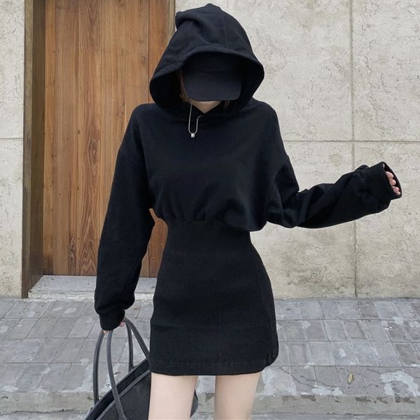 

autumn 2020 new solid color hooded bodywear skirt long sleeve high waist temperament hip wrap women's dress