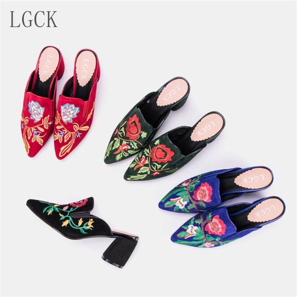 

plus size 34-43 genuine leather women shoes handmade embroider mules slippers pointed toe high heeled pumps fashion party slides, Black