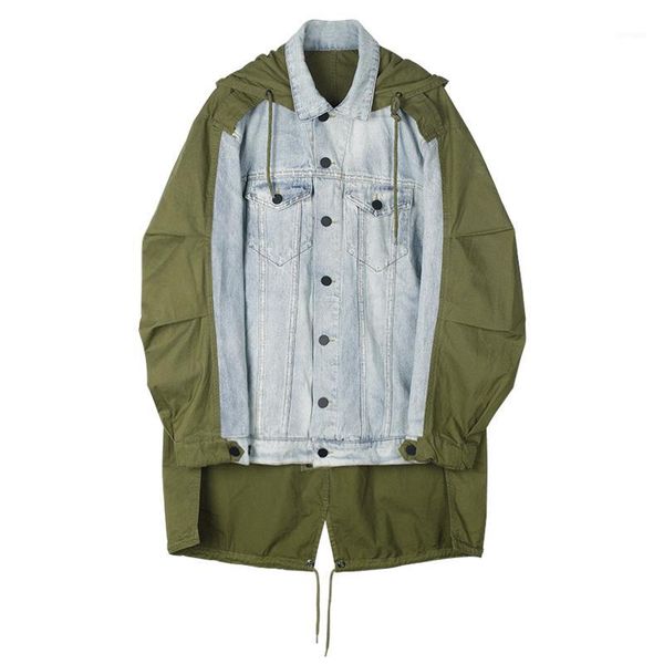 

designer hooded denim army green patchwork trench autumn asymmetric windbreaker coat women long outwear1, Tan;black