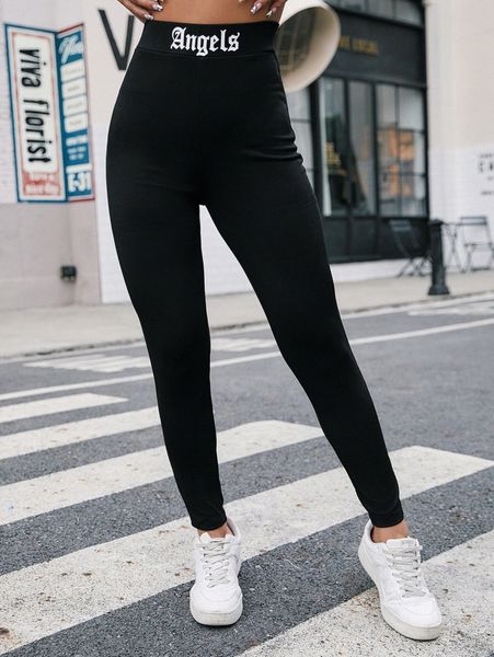 

letter graphic ribbed knit leggings v1fd#, Black