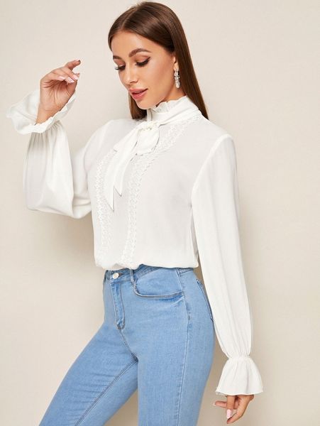 

flounce sleeve lace insert frilled tie neck k6yf#, White