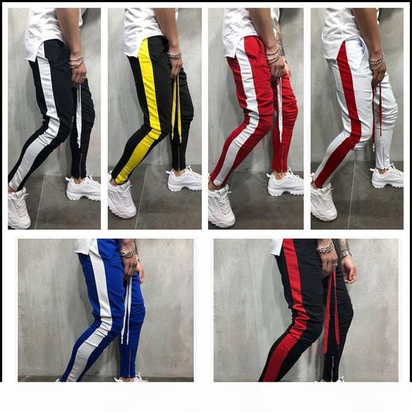 

men's contrast pants fashion men side stripe drawstring hip hop trackpants male streetwear skinny jogger sweatpants, Black