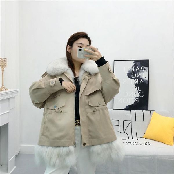 

women's fur & faux 2021 fashion women winter jacket natural real collar rex lining parkas loose short coat, Black