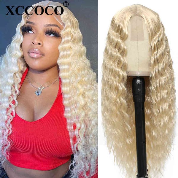 

hair xccoco blonde deep wave synthetic lace 28inch long natural curly 613 color for black women cosplay 150% 220301, Black;brown