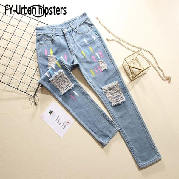 

women's jeans boyfriend big hole ripped women pants cool denim loose straight painting for girl high waist casual female1, Blue