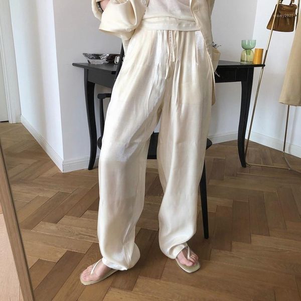 

women's pants & capris spring and summer lazy temperament simple satin wide leg high waist vertical feeling loose slimming draw string, Black;white