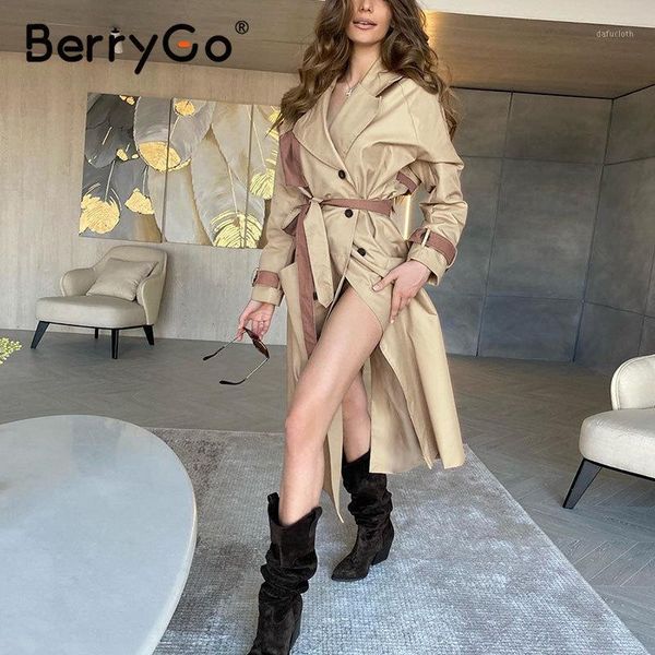 

berrygo casual lapel splicing women trench long sleeve double breasted belt female windbreaker high street ladies long wind coat1, Tan;black
