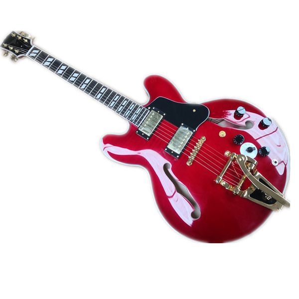 

factory custom electric guitar, half-hollow 335 guitar, red body, golden tremolo bridge, tiger veneer